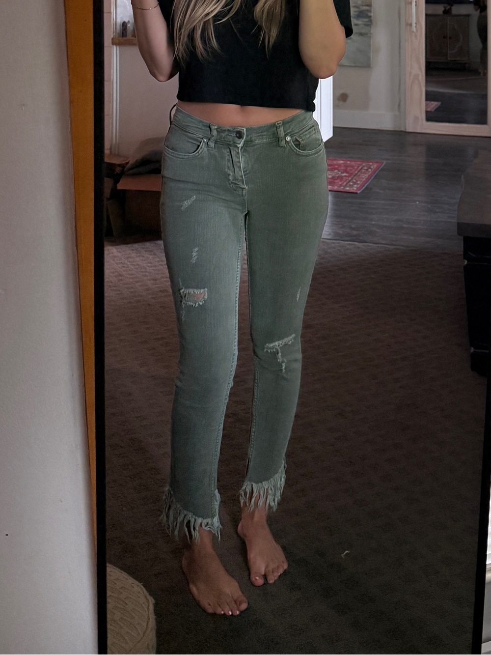 We The Free Olive Green Skinny Jeans with Fringed Hem